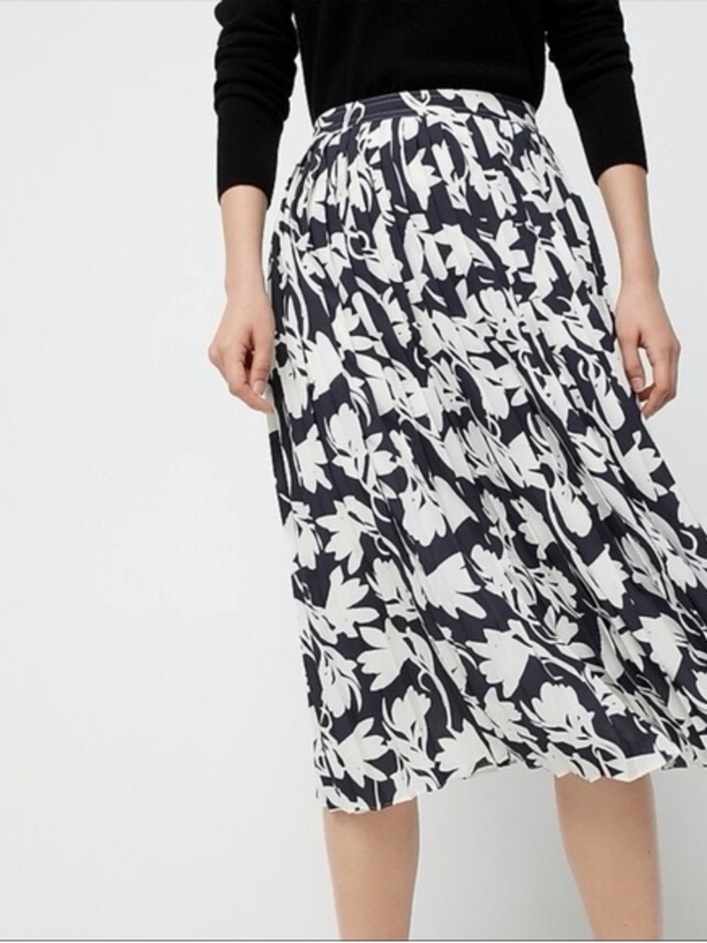 J. Crew Navy and White Floral Pleated Midi Skirt